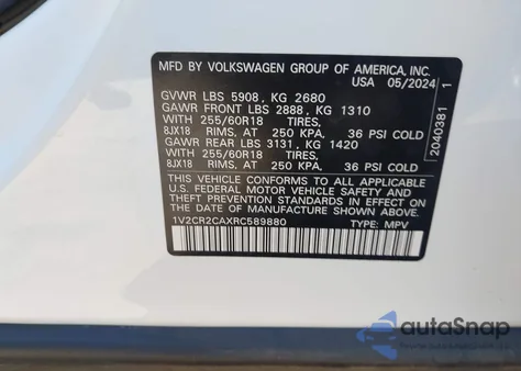 2024 Volkswagen Atlas 2.0T Peak Edition Se W/Technology z USA, uszkodzony, nr VIN 1V2CR2CAXRC589880